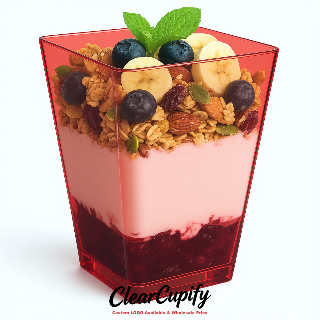 Wholesale Carmine 5 oz Square Clear Plastic Dessert Cups with Spoons for Appetizers, Puddings, Mousse, Parfait