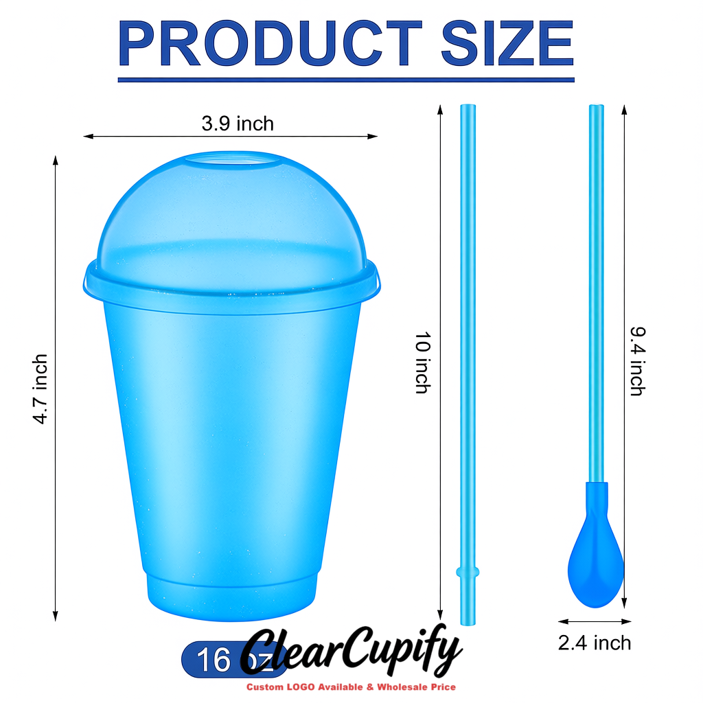 Cerulean 16 oz Plastic Slushie Cups with Dome Lid & Detachable Spoon Straws for Milkshake, Boba, Smoothies, Iced Coffee