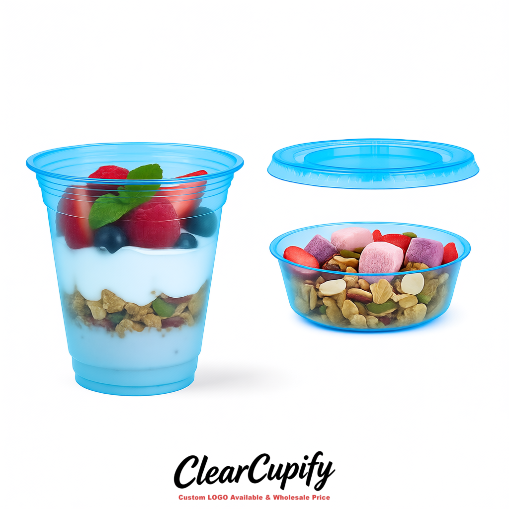 Cerulean 12 oz Disposable Plastic Parfait Cups with Insert & Flat lids 3.85 x 2.1 x 4 inches