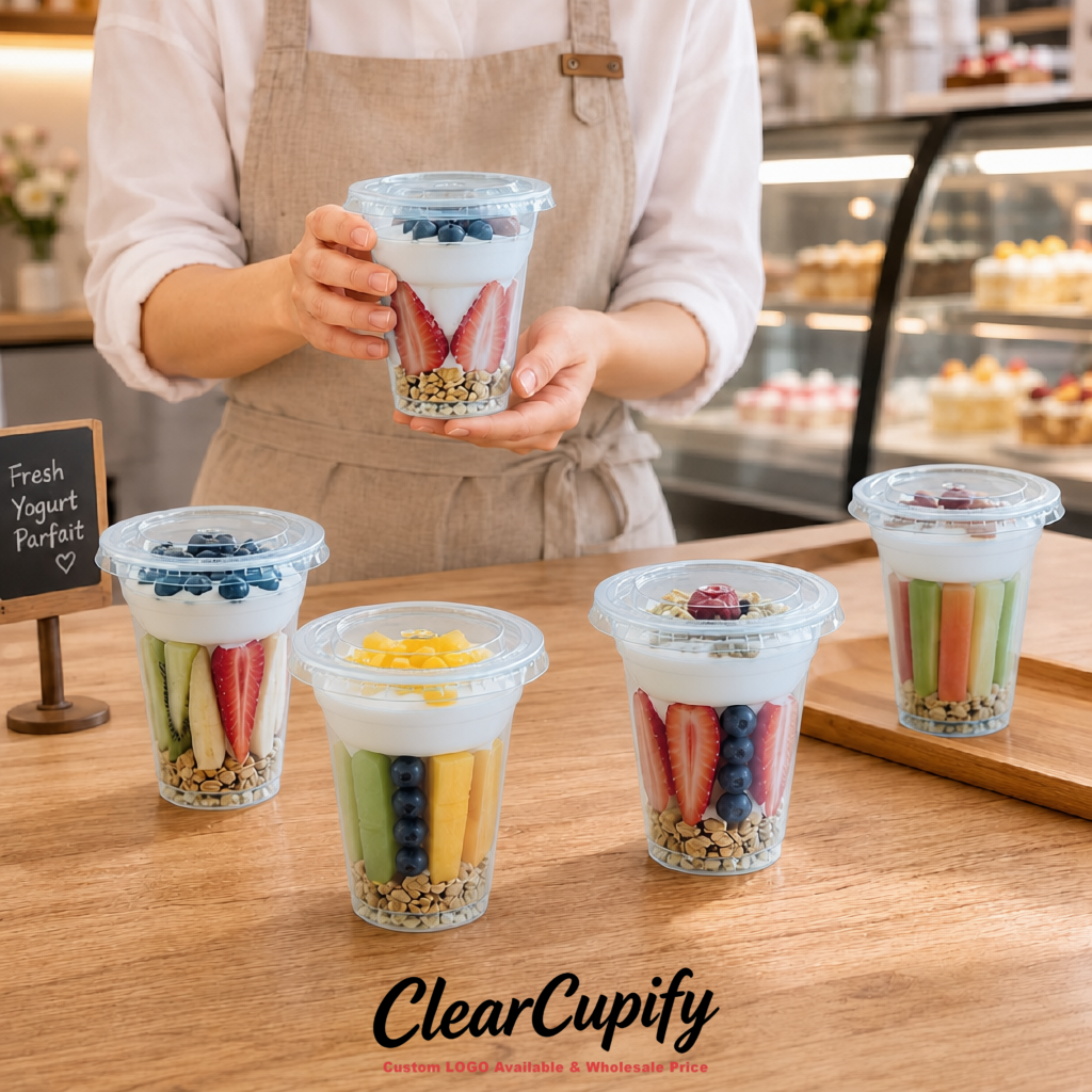 Cerulean 12 oz Disposable Plastic Parfait Cups with Insert & Flat lids 3.85 x 2.1 x 4 inches