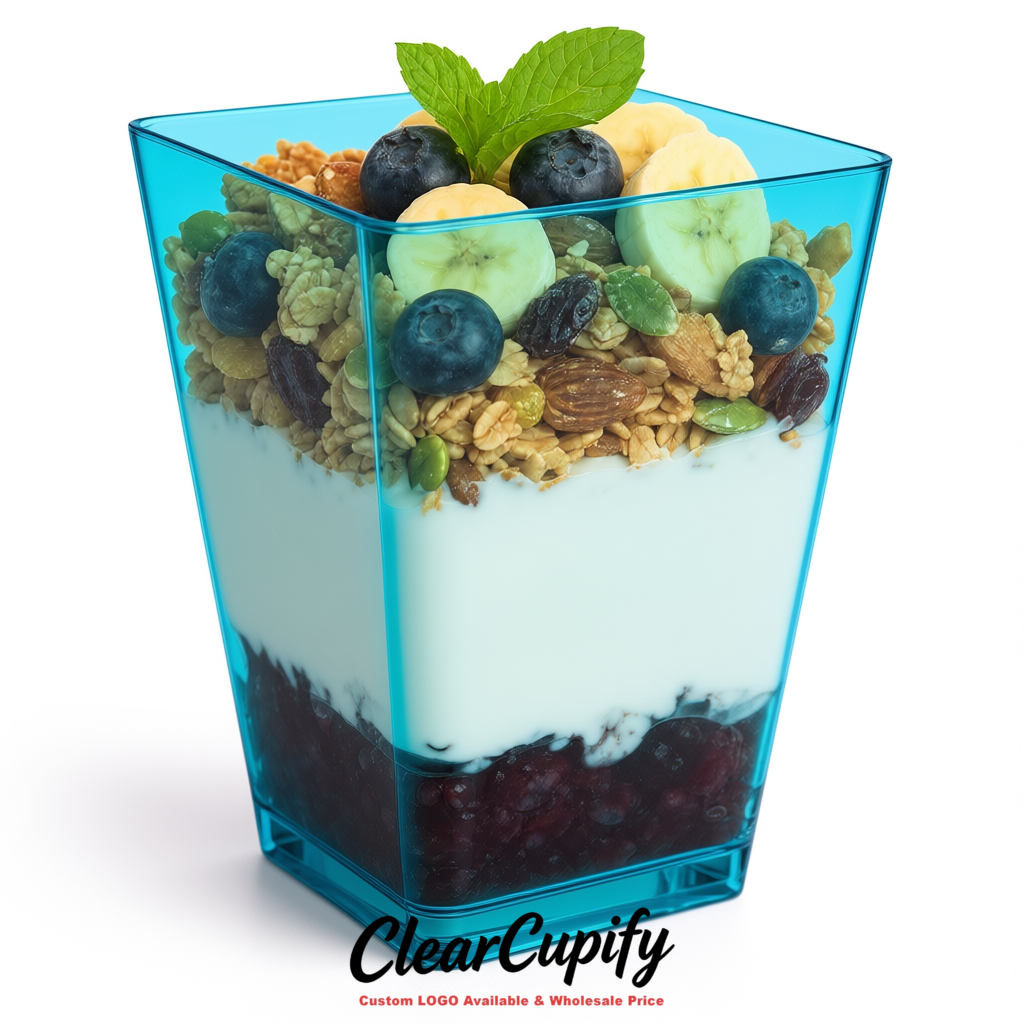 Wholesale Cerulean 5 oz Square Clear Plastic Dessert Cups with Spoons for Appetizers, Puddings, Mousse, Parfait