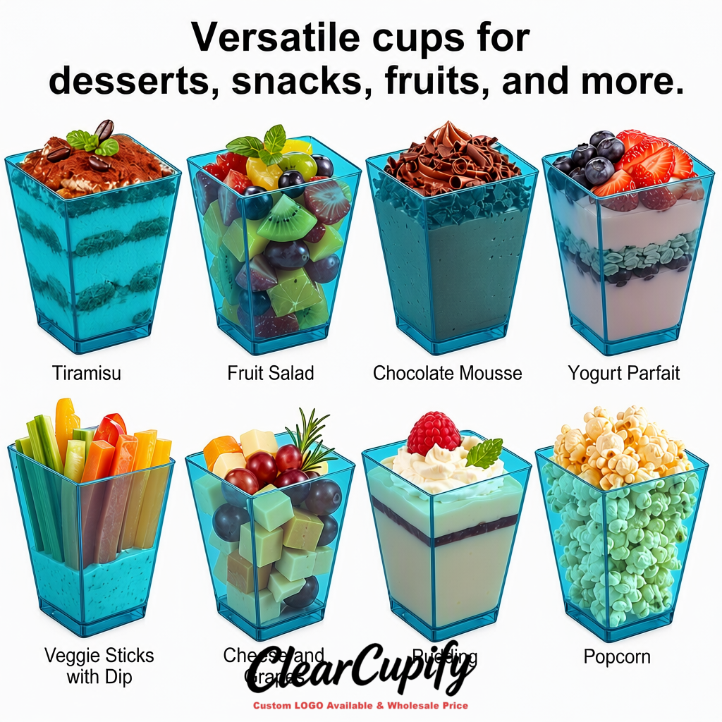 Wholesale Cerulean 5 oz Square Clear Plastic Dessert Cups with Spoons for Appetizers, Puddings, Mousse, Parfait