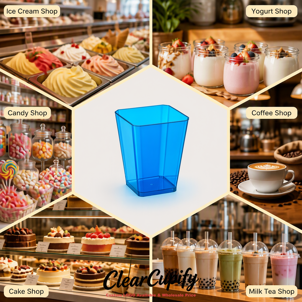 Wholesale Cerulean 5 oz Square Clear Plastic Dessert Cups with Spoons for Appetizers, Puddings, Mousse, Parfait
