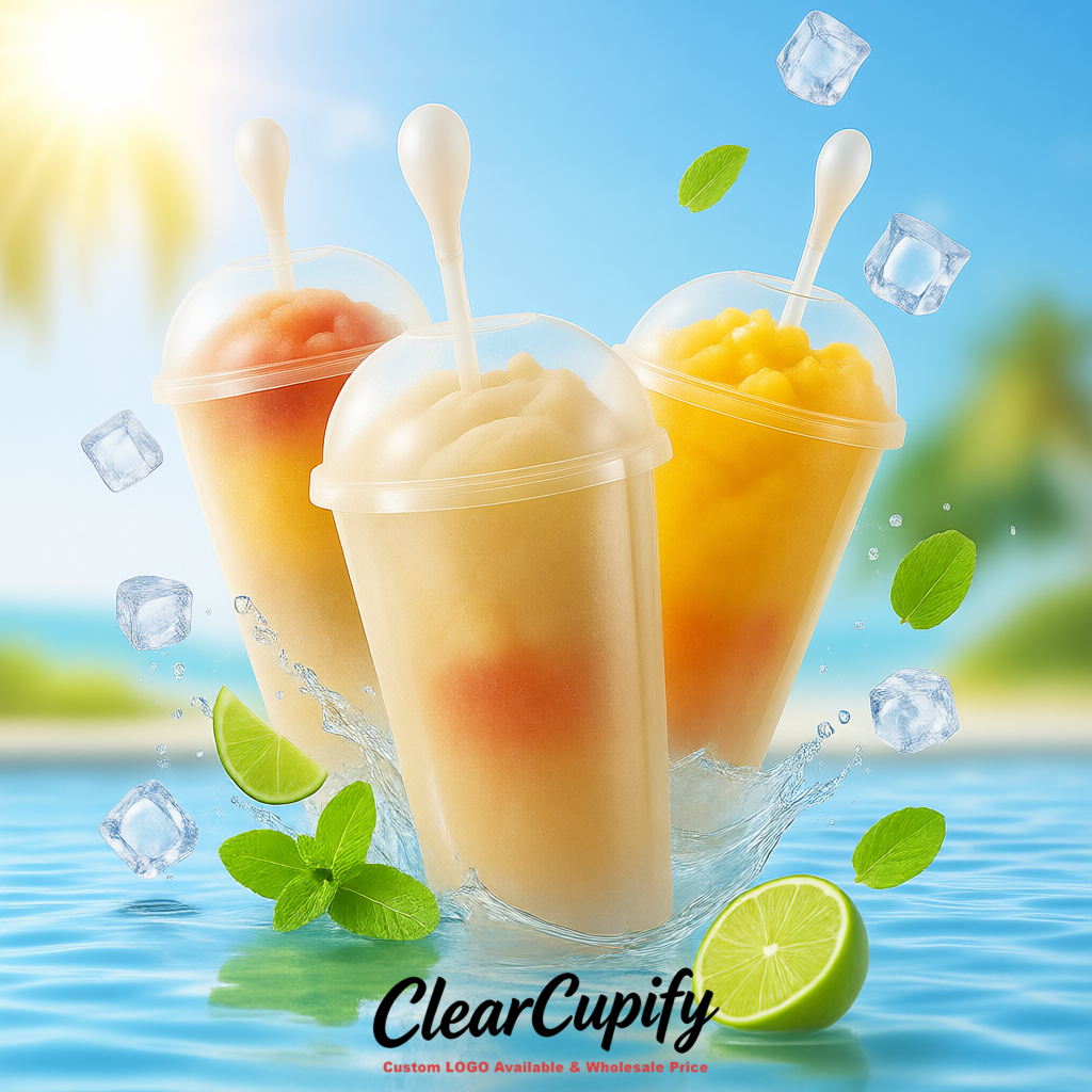 Champagne 16 oz Plastic Slushie Cups with Dome Lid & Detachable Spoon Straws for Milkshake, Boba, Smoothies, Iced Coffee