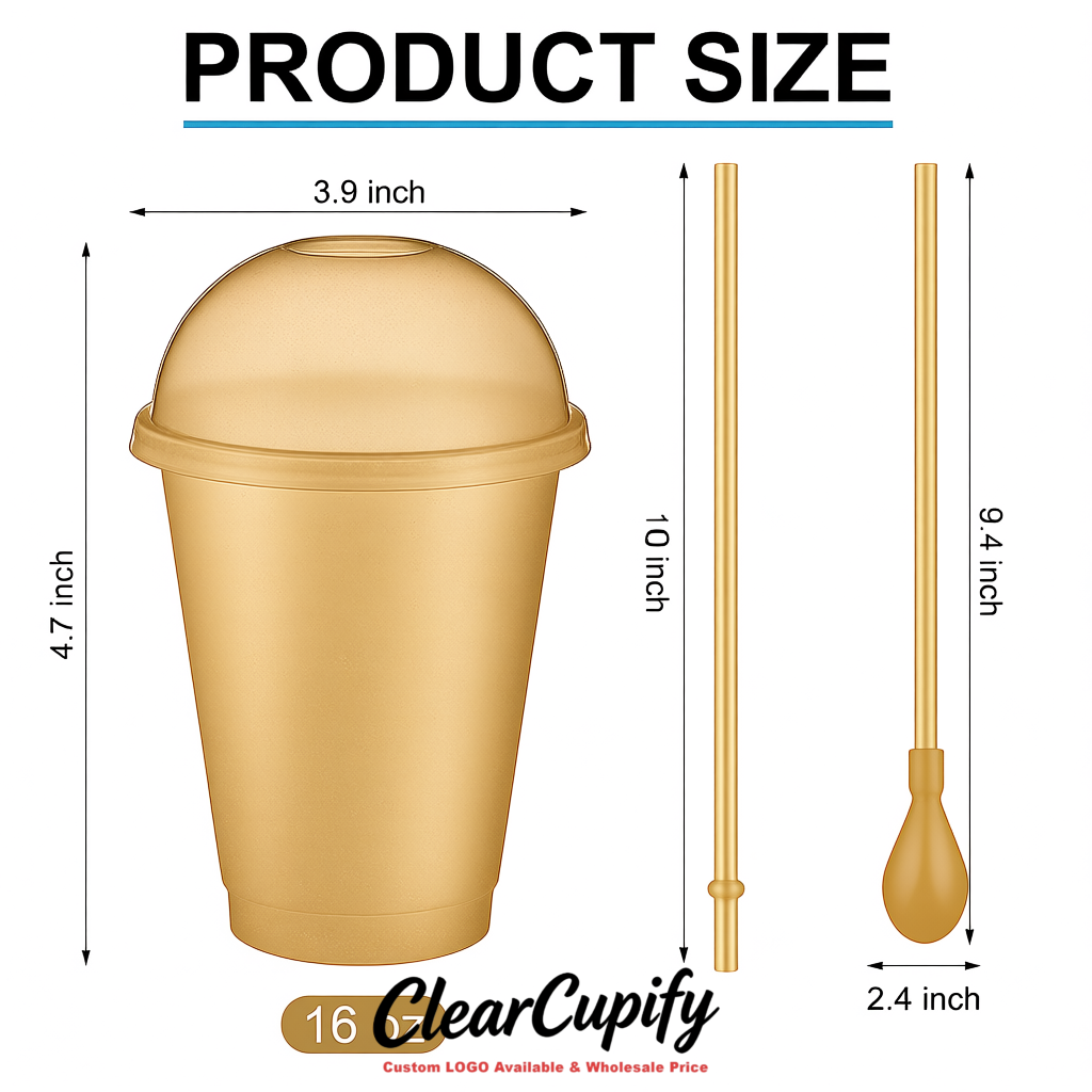 Champagne 16 oz Plastic Slushie Cups with Dome Lid & Detachable Spoon Straws for Milkshake, Boba, Smoothies, Iced Coffee