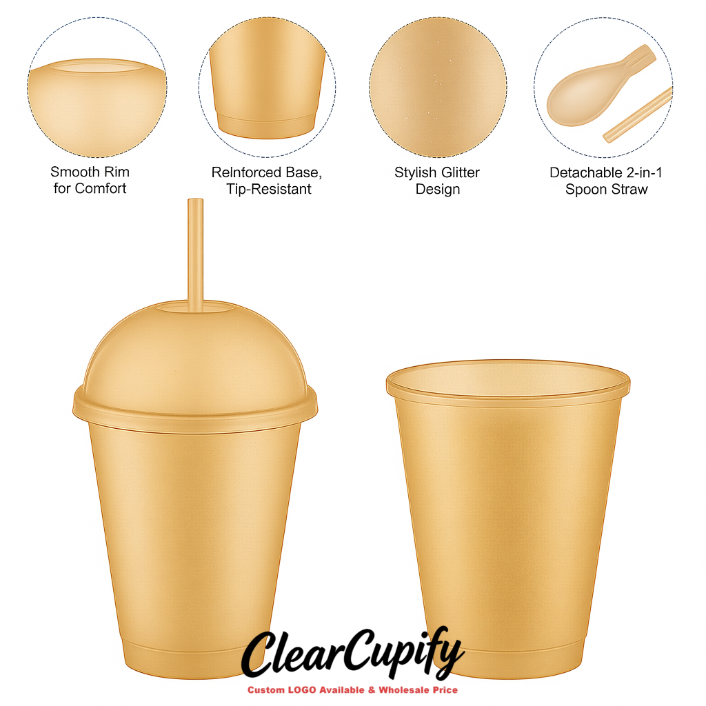 Champagne 16 oz Plastic Slushie Cups with Dome Lid & Detachable Spoon Straws for Milkshake, Boba, Smoothies, Iced Coffee