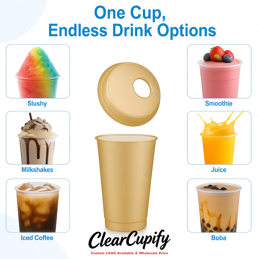Champagne 16 oz Plastic Slushie Cups with Dome Lid & Detachable Spoon Straws for Milkshake, Boba, Smoothies, Iced Coffee