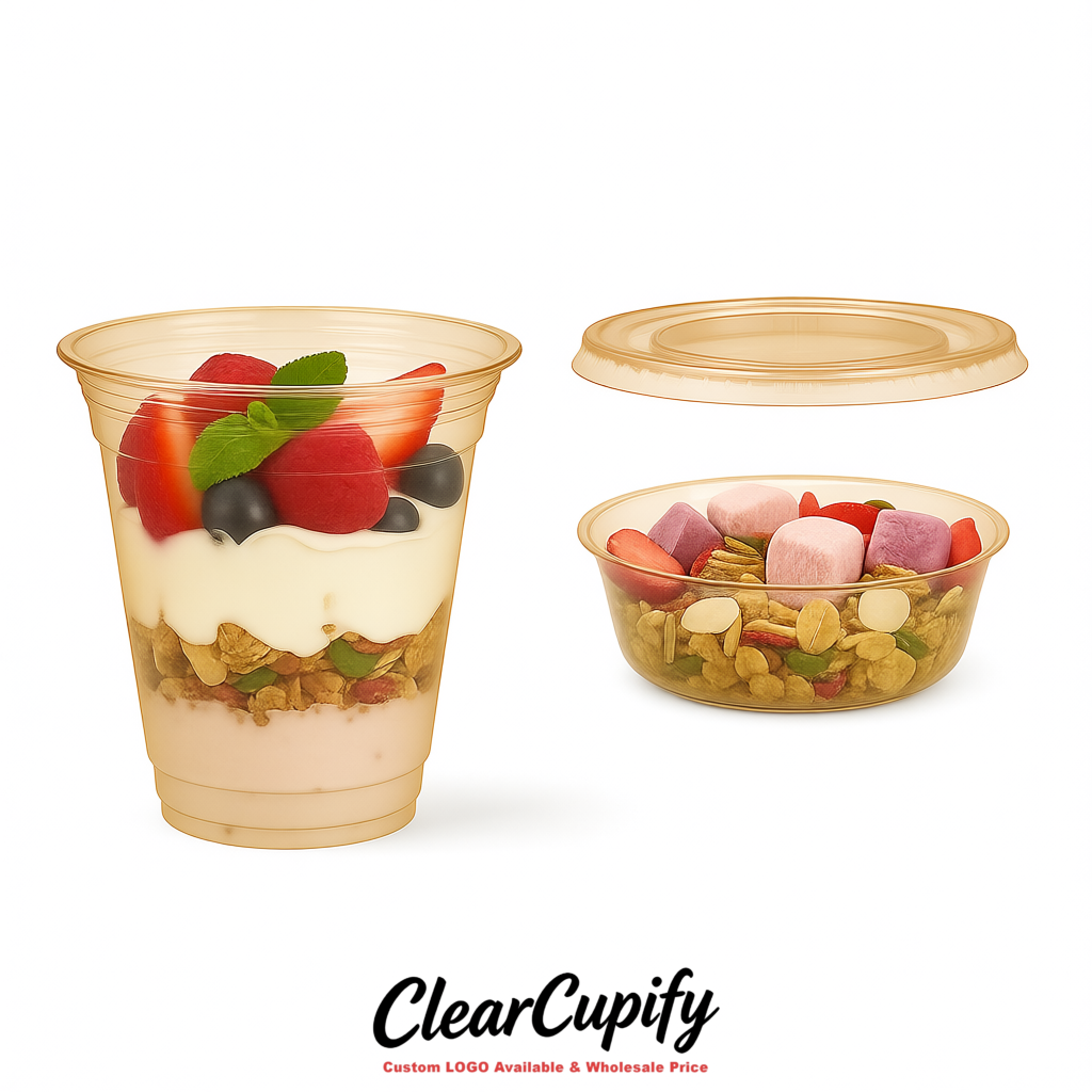 Champagne 12 oz Disposable Plastic Parfait Cups with Insert & Flat lids 3.85 x 2.1 x 4 inches