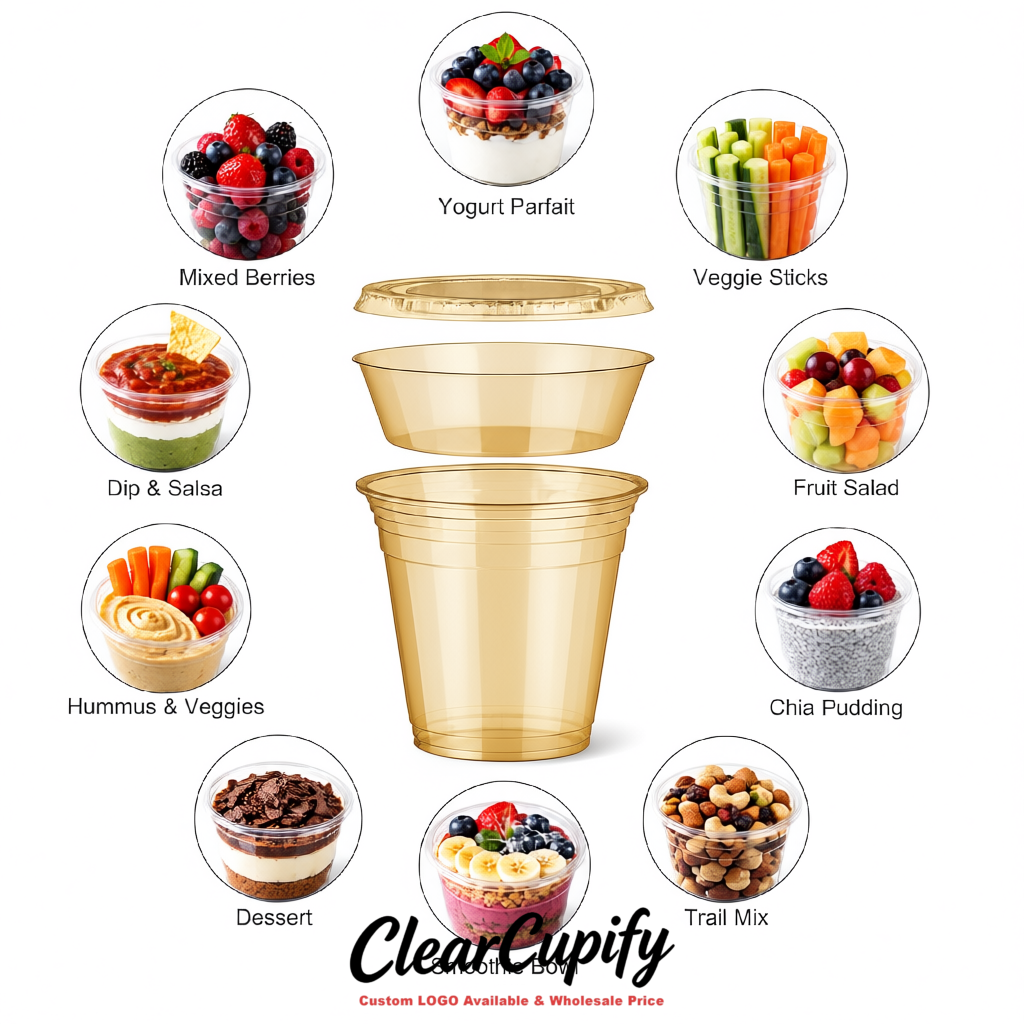 Champagne 12 oz Disposable Plastic Parfait Cups with Insert & Flat lids 3.85 x 2.1 x 4 inches