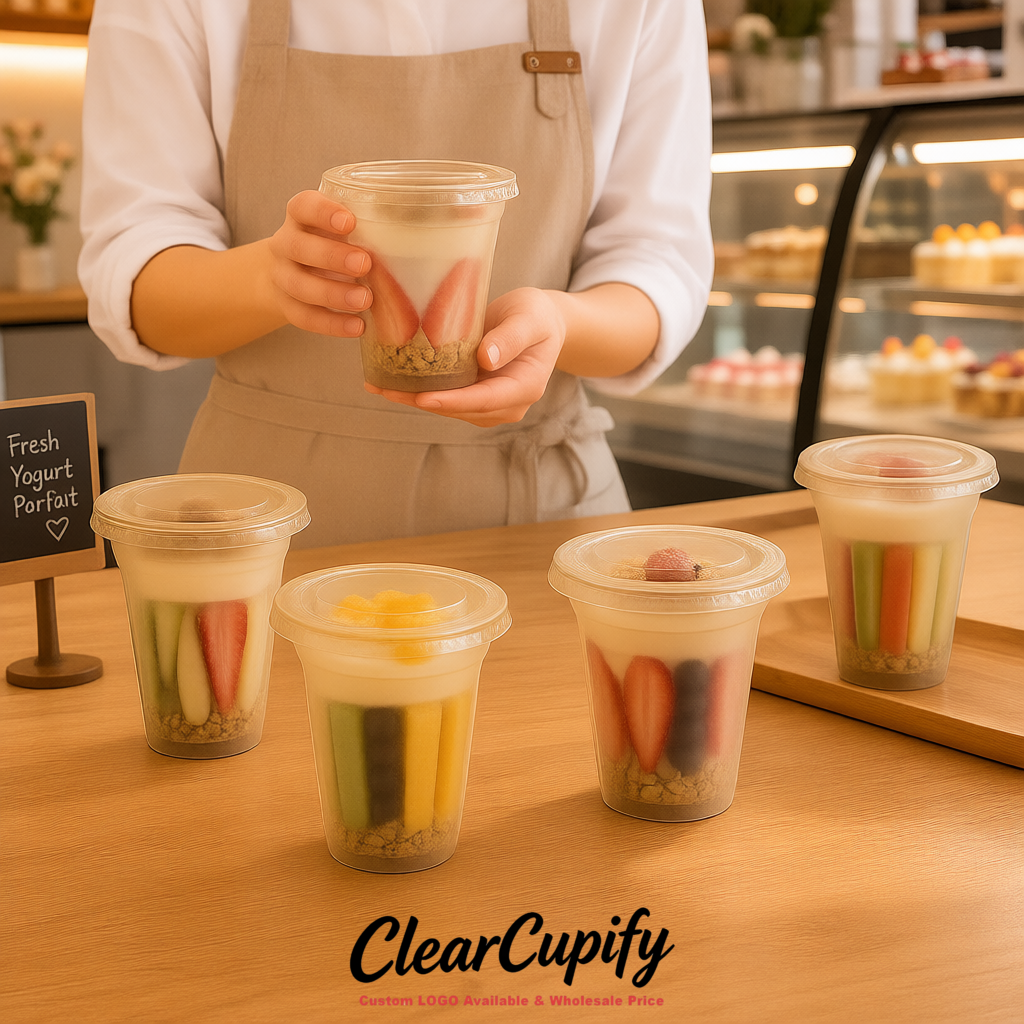 Champagne 12 oz Disposable Plastic Parfait Cups with Insert & Flat lids 3.85 x 2.1 x 4 inches