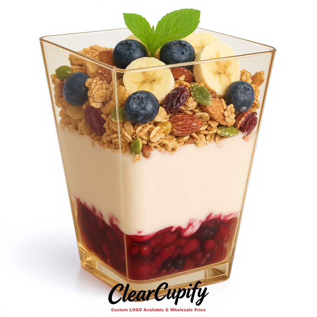Wholesale Champagne 5 oz Square Clear Plastic Dessert Cups with Spoons for Appetizers, Puddings, Mousse, Parfait