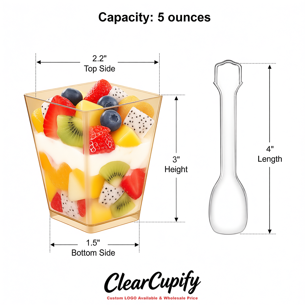 Wholesale Champagne 5 oz Square Clear Plastic Dessert Cups with Spoons for Appetizers, Puddings, Mousse, Parfait