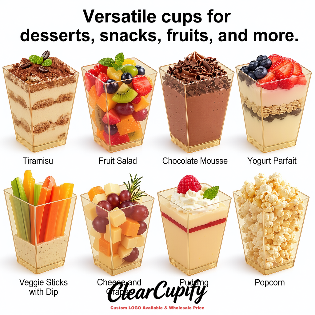 Wholesale Champagne 5 oz Square Clear Plastic Dessert Cups with Spoons for Appetizers, Puddings, Mousse, Parfait