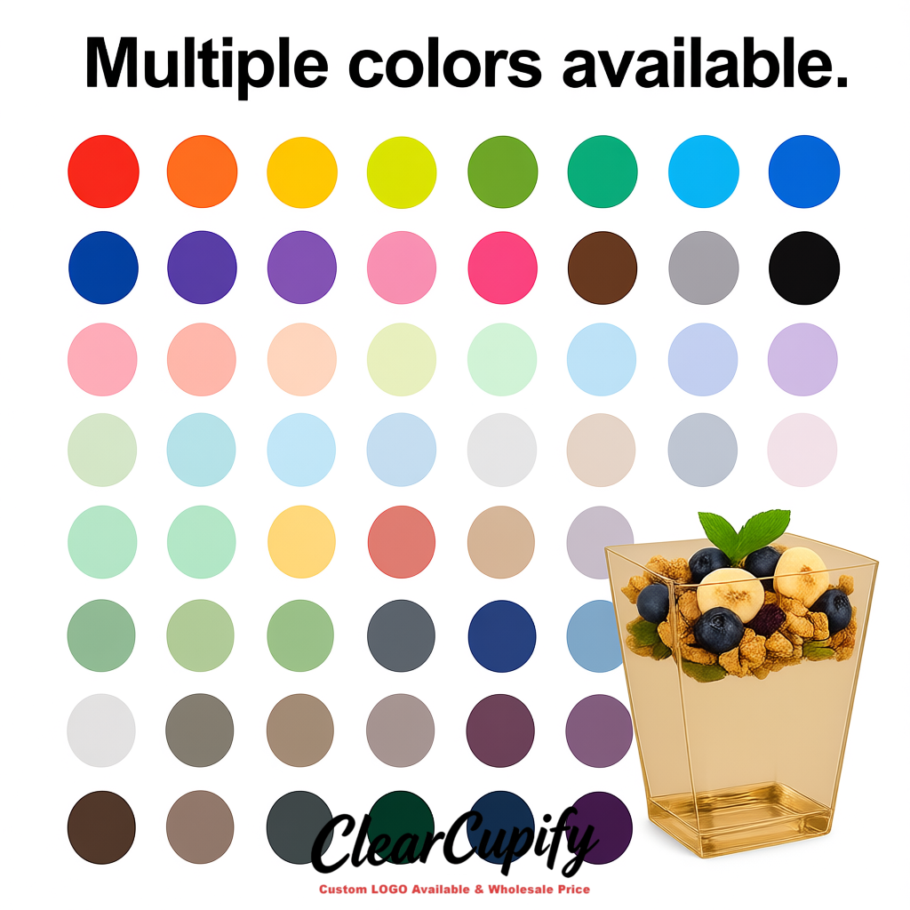 Wholesale Champagne 5 oz Square Clear Plastic Dessert Cups with Spoons for Appetizers, Puddings, Mousse, Parfait