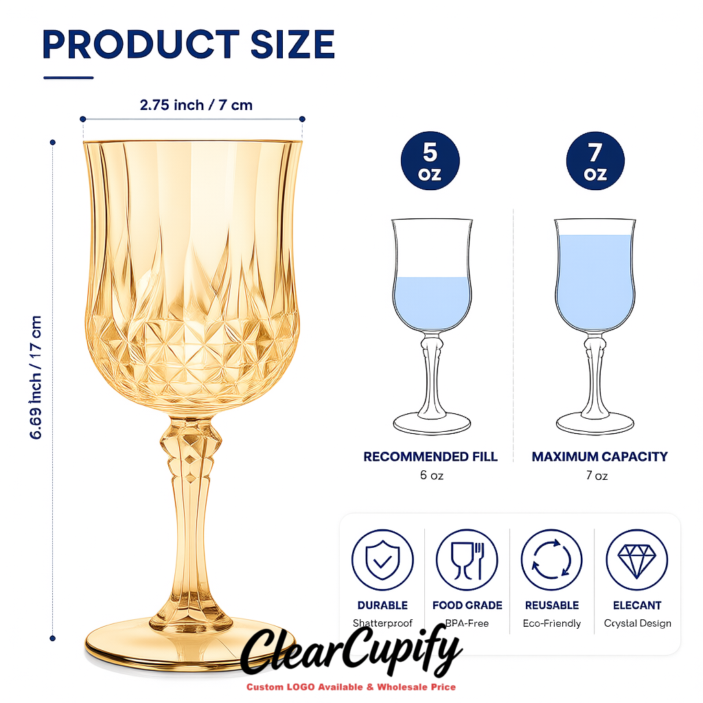 Champagne 7oz Acrylic Plastic Wine Goblets - 2.7 x 6.7 inches Party & Wedding Wine Glasses
