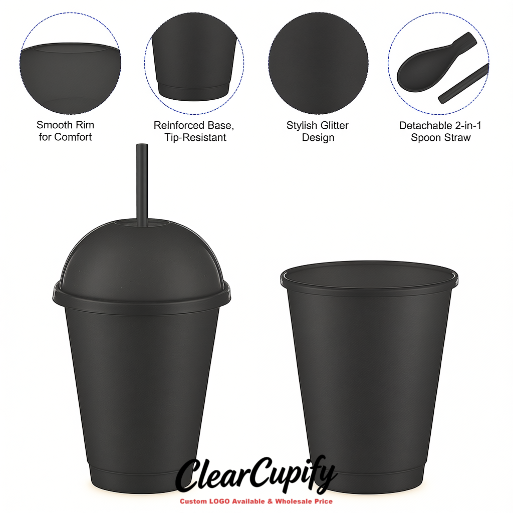 Charcoal 16 oz Plastic Slushie Cups with Dome Lid & Detachable Spoon Straws for Milkshake, Boba, Smoothies, Iced Coffee