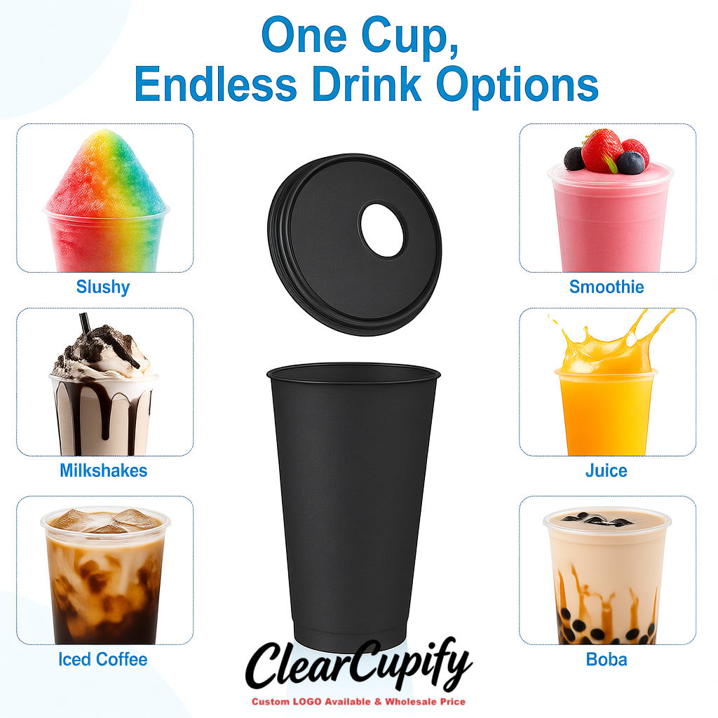 Charcoal 16 oz Plastic Slushie Cups with Dome Lid & Detachable Spoon Straws for Milkshake, Boba, Smoothies, Iced Coffee