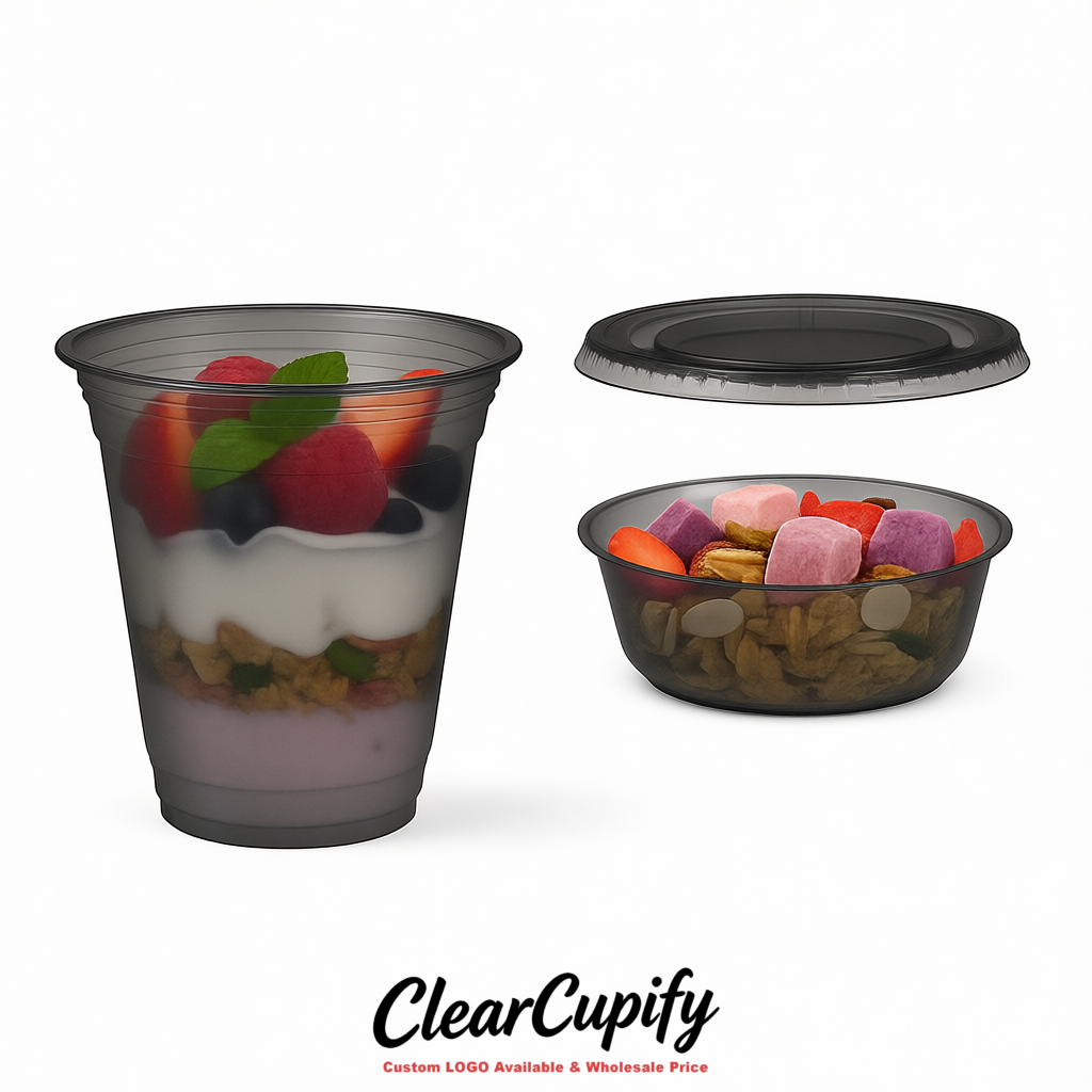 Charcoal 12 oz Disposable Plastic Parfait Cups with Insert & Flat lids 3.85 x 2.1 x 4 inches