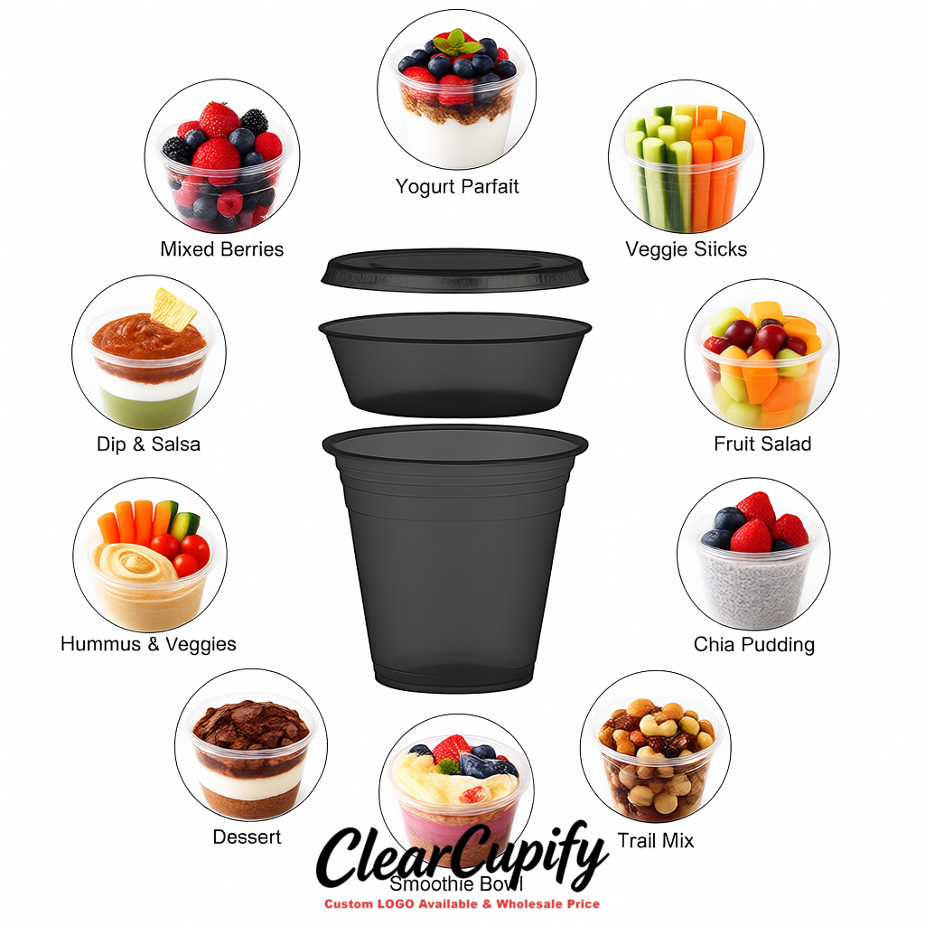 Charcoal 12 oz Disposable Plastic Parfait Cups with Insert & Flat lids 3.85 x 2.1 x 4 inches