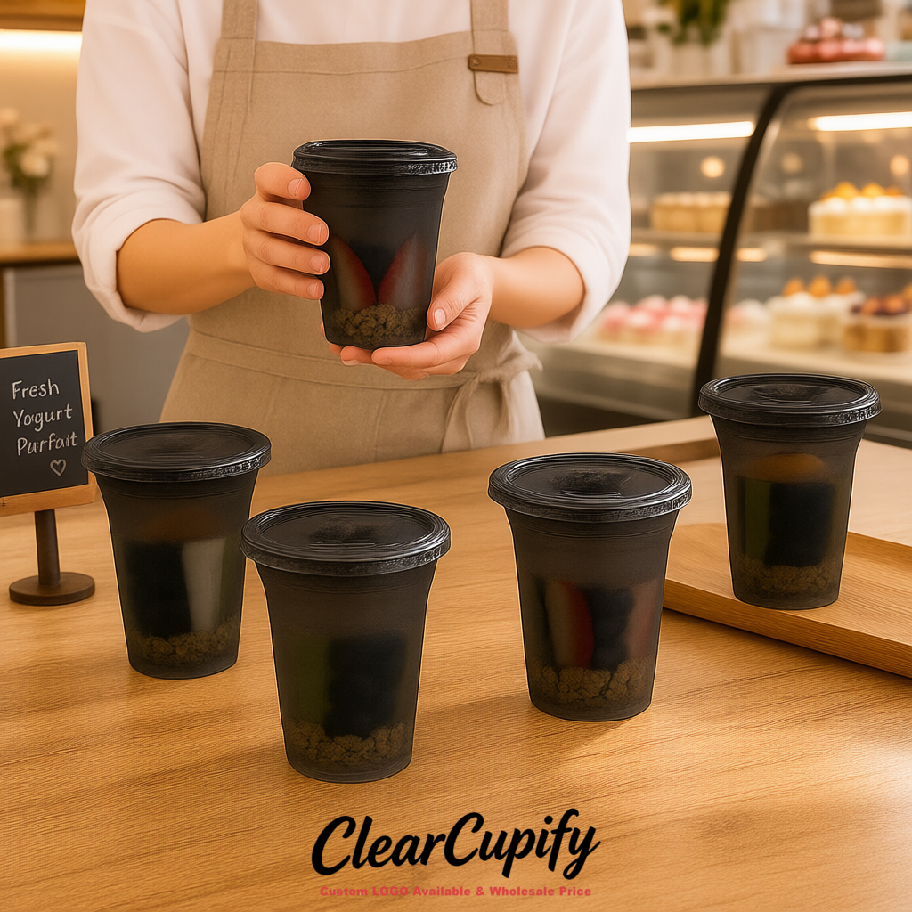 Charcoal 12 oz Disposable Plastic Parfait Cups with Insert & Flat lids 3.85 x 2.1 x 4 inches Charcoal 12 oz Disposable Plastic Parfait Cups with Insert & Flat lids 3.85 x 2.1 x 4 inches
