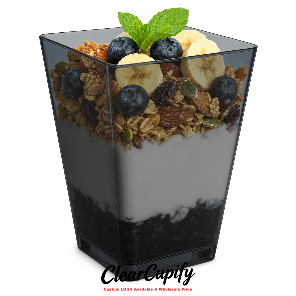 Wholesale Charcoal 5 oz Square Clear Plastic Dessert Cups with Spoons for Appetizers, Puddings, Mousse, Parfait