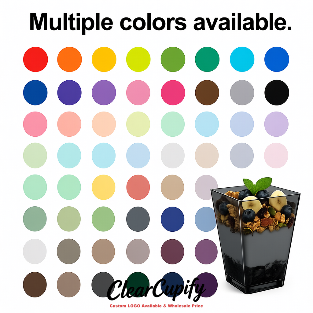Wholesale Charcoal 5 oz Square Clear Plastic Dessert Cups with Spoons for Appetizers, Puddings, Mousse, Parfait