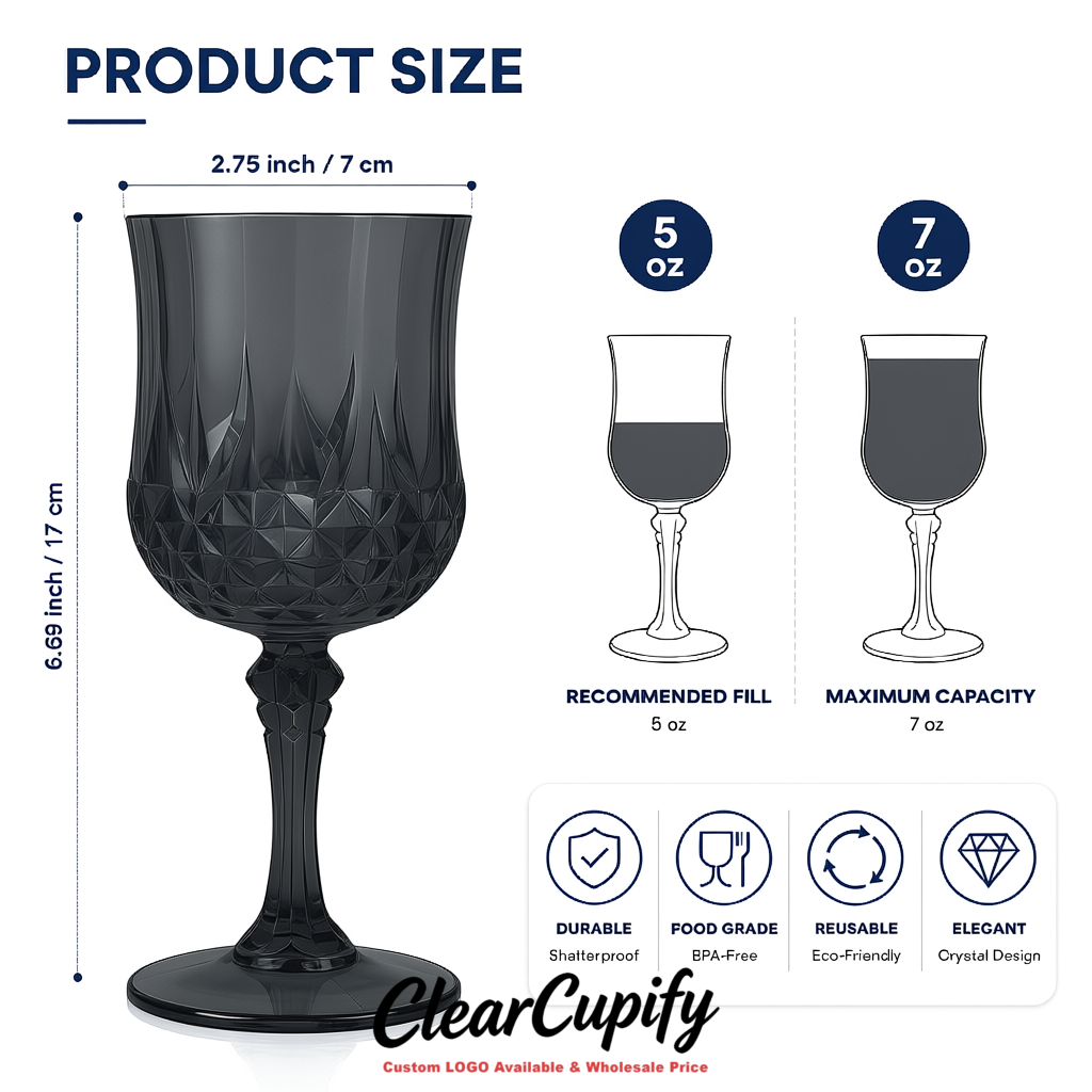 Charcoal 7oz Acrylic Plastic Wine Goblets - 2.7 x 6.7 inches Party & Wedding Wine Glasses