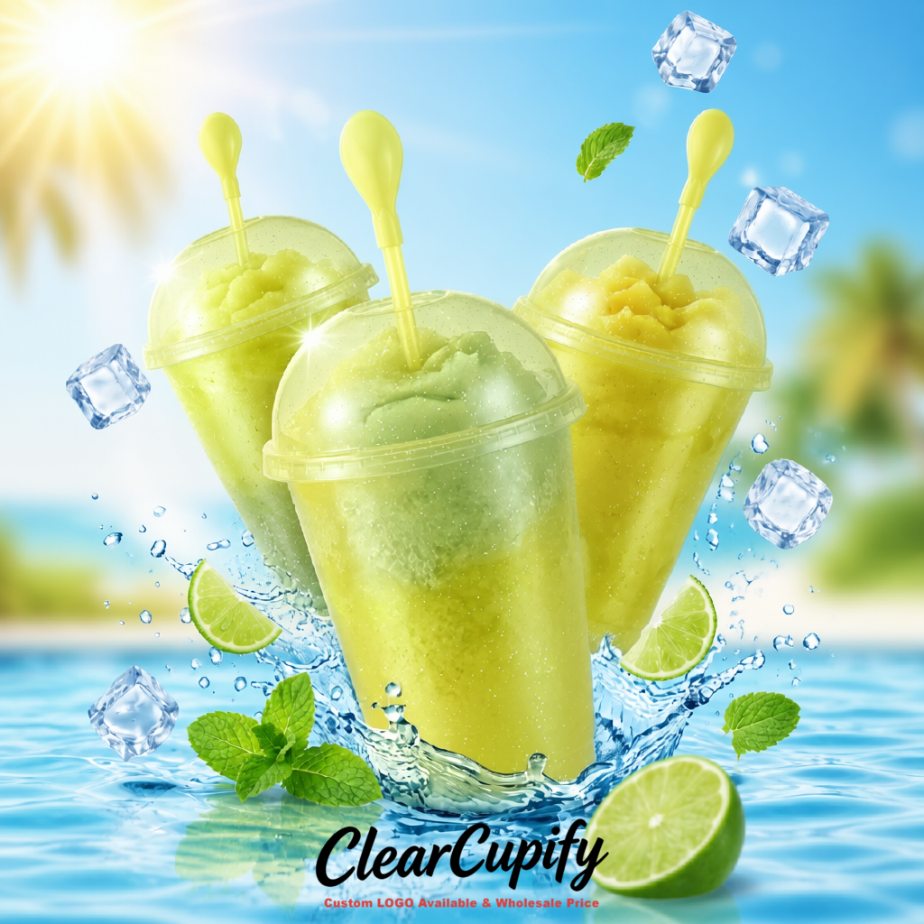 Chartreuse 16 oz Plastic Slushie Cups with Dome Lid & Detachable Spoon Straws for Milkshake, Boba, Smoothies, Iced Coffee
