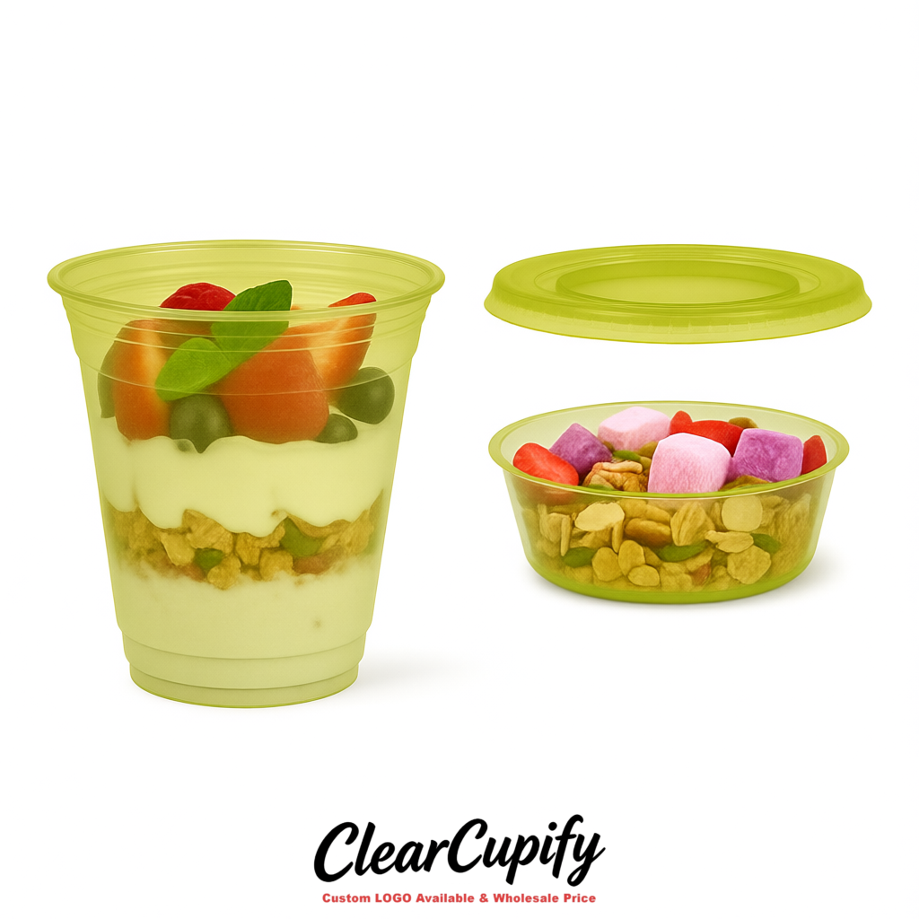 Chartreuse 12 oz Disposable Plastic Parfait Cups with Insert & Flat lids 3.85 x 2.1 x 4 inches