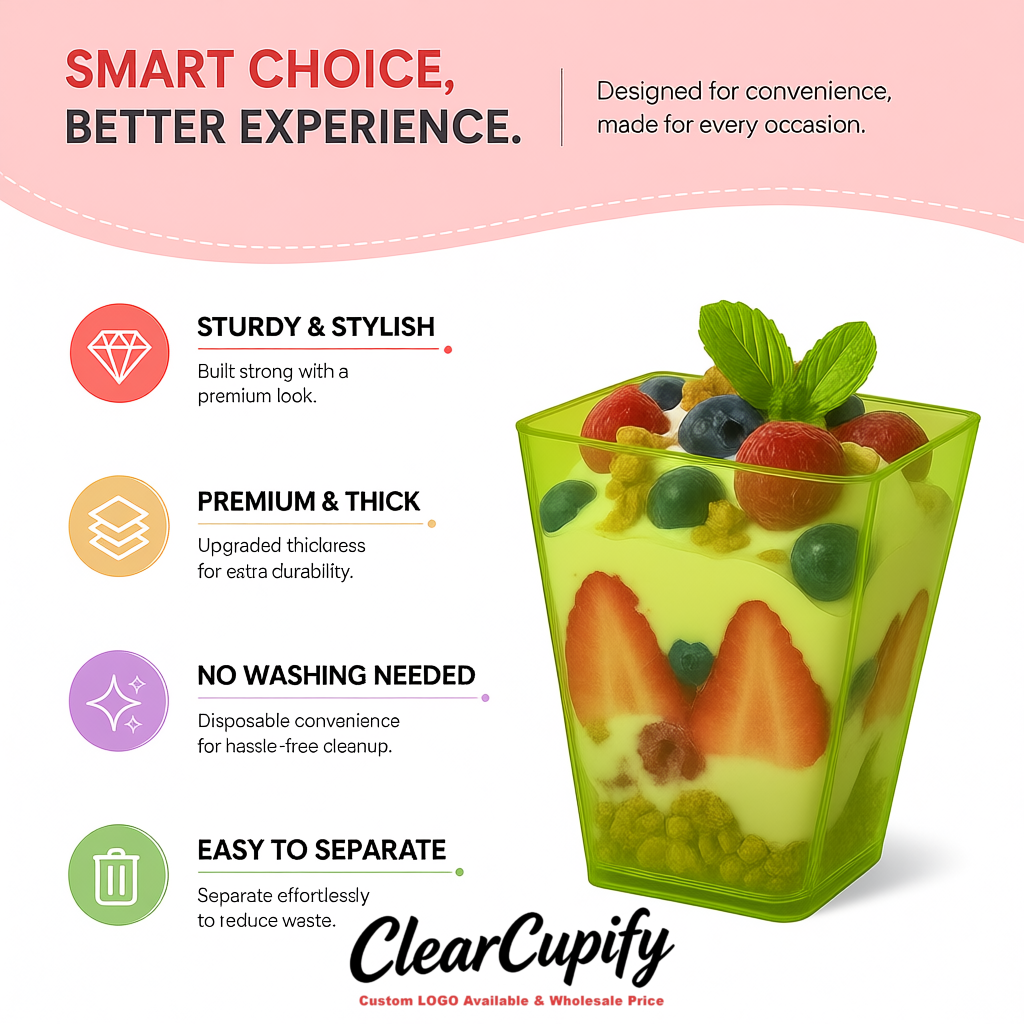Wholesale Chartreuse 5 oz Square Clear Plastic Dessert Cups with Spoons for Appetizers, Puddings, Mousse, Parfait
