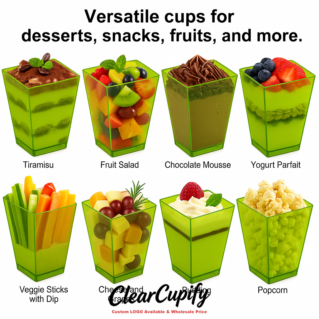 Wholesale Chartreuse 5 oz Square Clear Plastic Dessert Cups with Spoons for Appetizers, Puddings, Mousse, Parfait