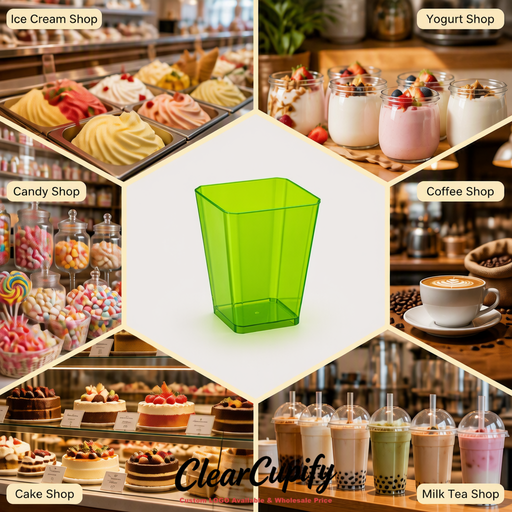 Wholesale Chartreuse 5 oz Square Clear Plastic Dessert Cups with Spoons for Appetizers, Puddings, Mousse, Parfait