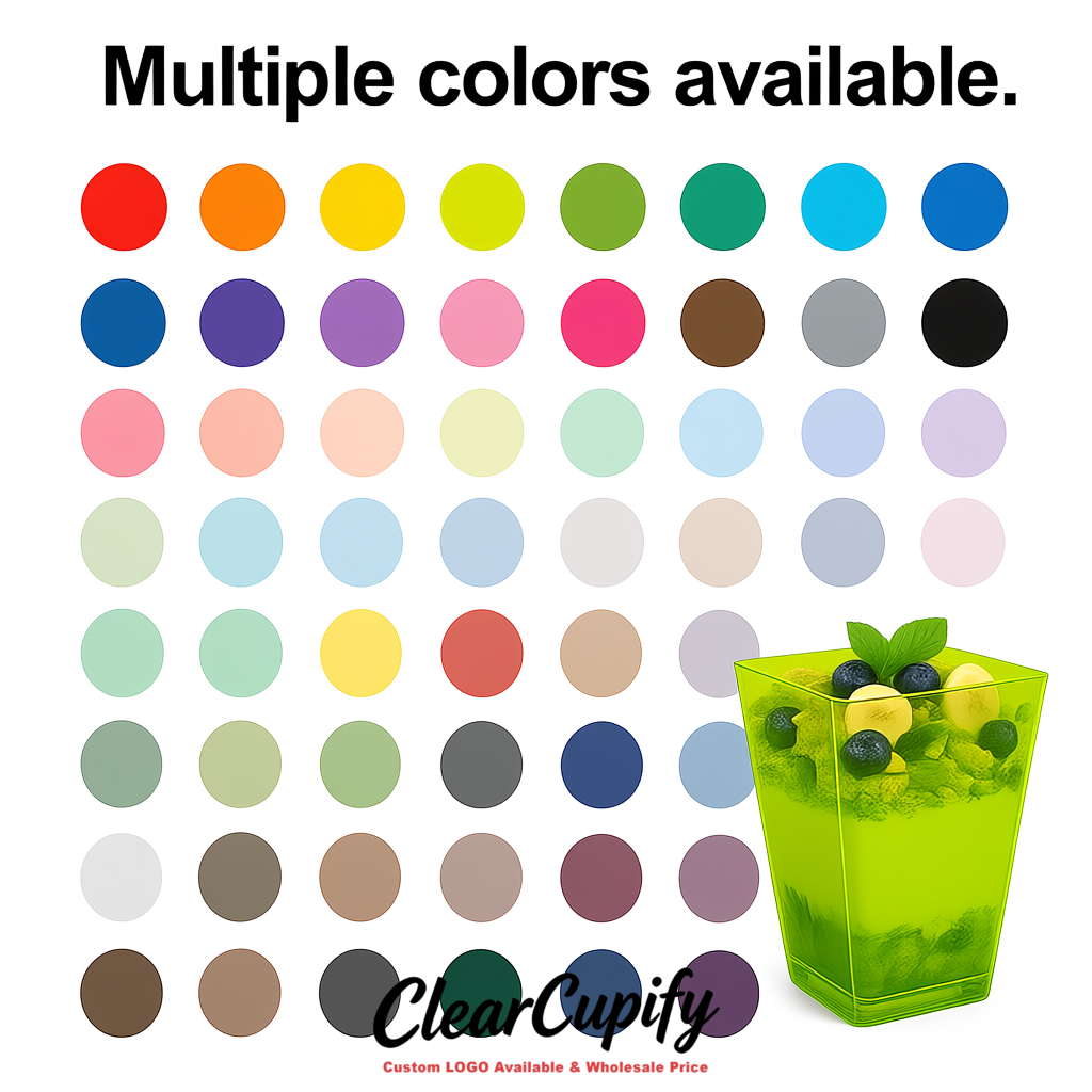 Wholesale Chartreuse 5 oz Square Clear Plastic Dessert Cups with Spoons for Appetizers, Puddings, Mousse, Parfait
