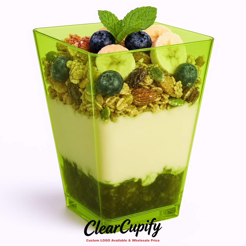 Wholesale Chartreuse 5 oz Square Clear Plastic Dessert Cups with Spoons for Appetizers, Puddings, Mousse, Parfait