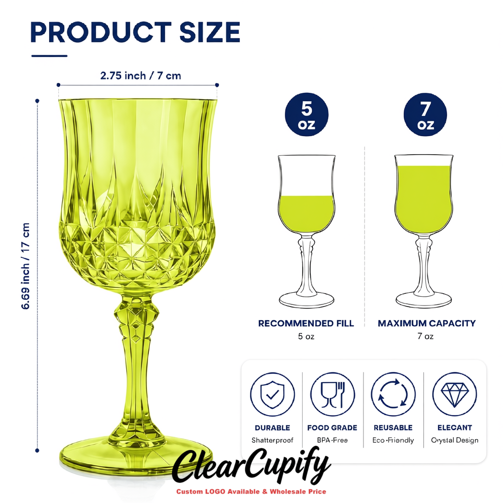 Chartreuse 7oz Acrylic Plastic Wine Goblets - 2.7 x 6.7 inches Party & Wedding Wine Glasses