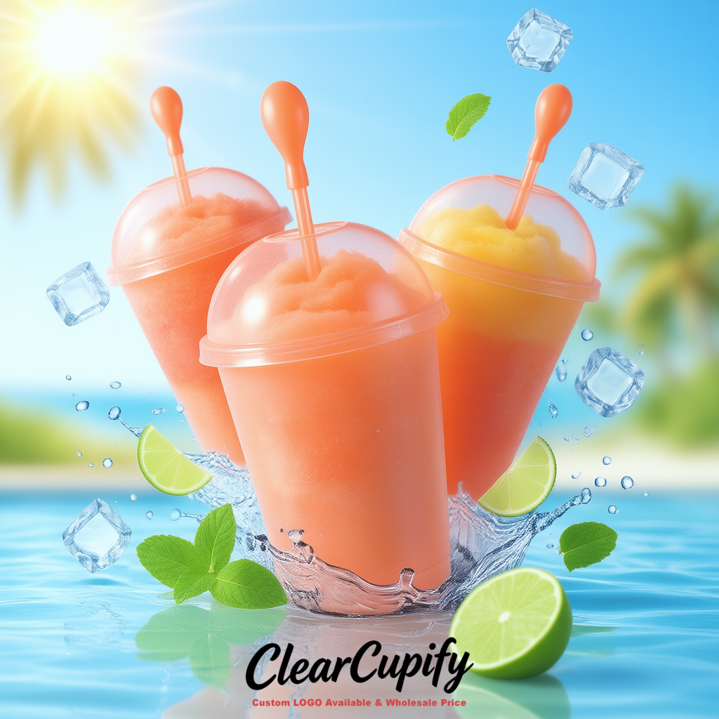 Coral 16 oz Plastic Slushie Cups with Dome Lid & Detachable Spoon Straws for Milkshake, Boba, Smoothies, Iced Coffee