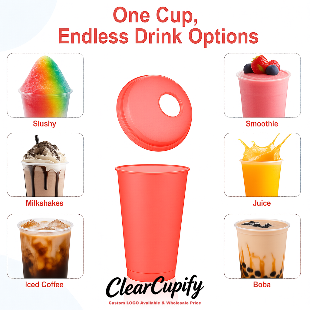 Coral 16 oz Plastic Slushie Cups with Dome Lid & Detachable Spoon Straws for Milkshake, Boba, Smoothies, Iced Coffee