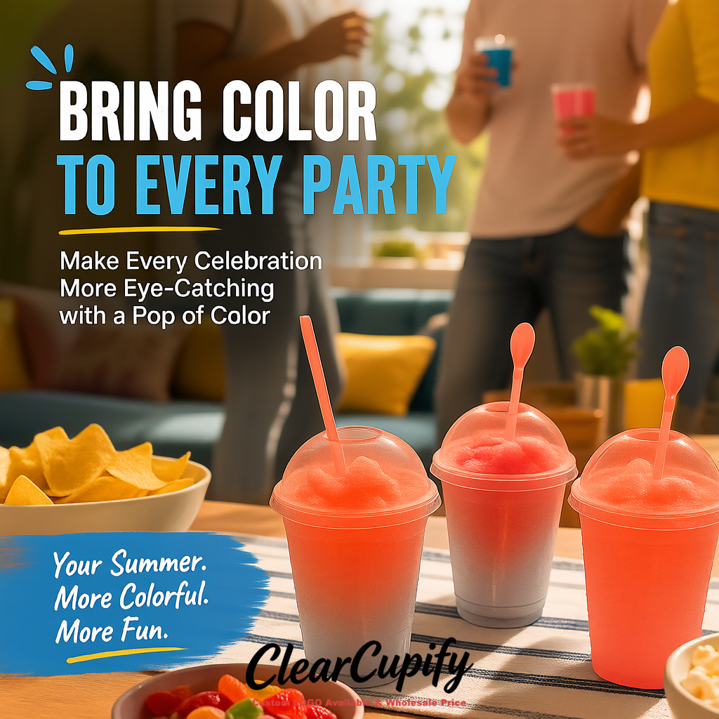 Coral 16 oz Plastic Slushie Cups with Dome Lid & Detachable Spoon Straws for Milkshake, Boba, Smoothies, Iced Coffee