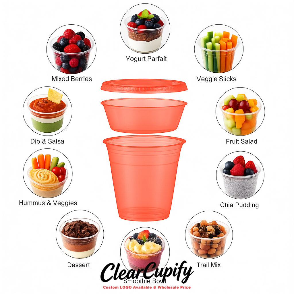 Coral 12 oz Disposable Plastic Parfait Cups with Insert & Flat lids 3.85 x 2.1 x 4 inches