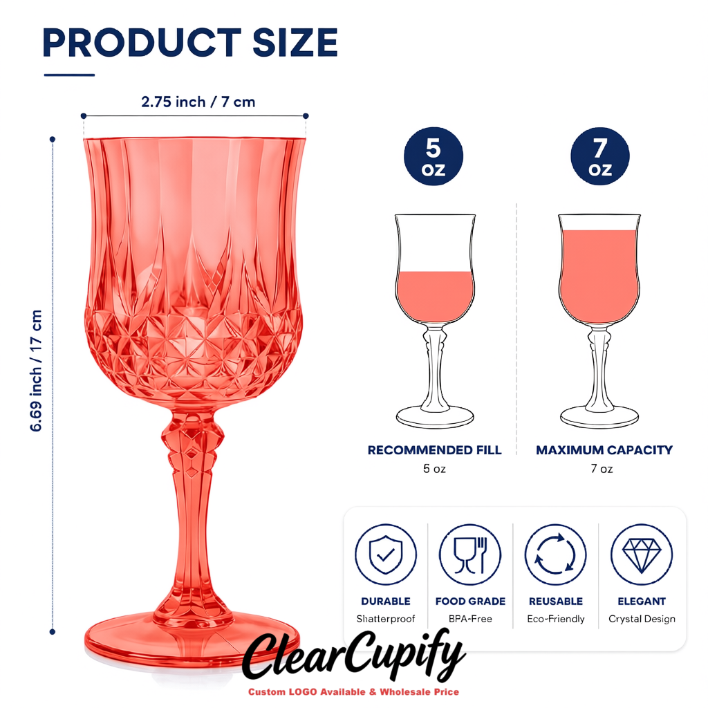 Coral 7oz Acrylic Plastic Wine Goblets - 2.7 x 6.7 inches Party & Wedding Wine Glasses