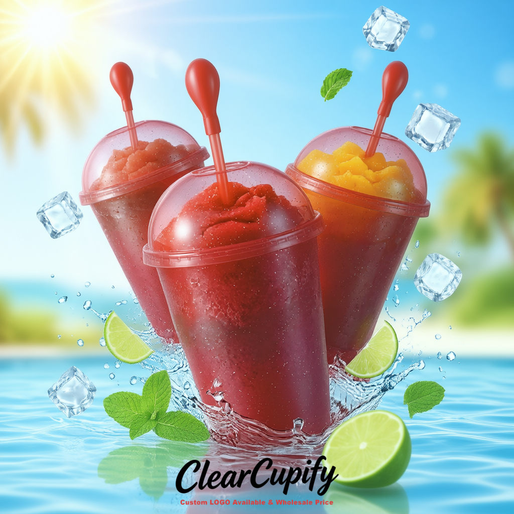 Crimson 16 oz Plastic Slushie Cups with Dome Lid & Detachable Spoon Straws for Milkshake, Boba, Smoothies, Iced Coffee