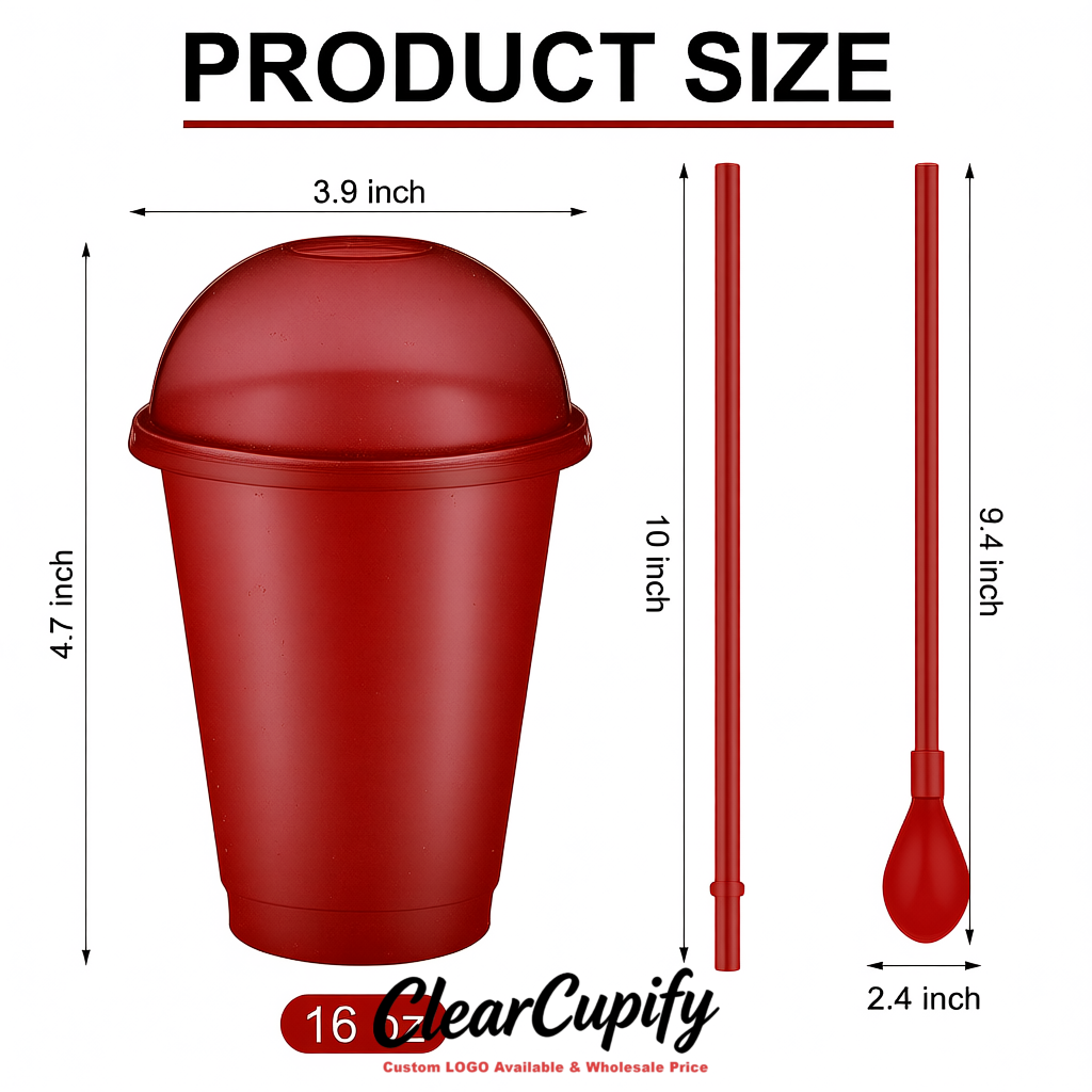 Crimson 16 oz Plastic Slushie Cups with Dome Lid & Detachable Spoon Straws for Milkshake, Boba, Smoothies, Iced Coffee