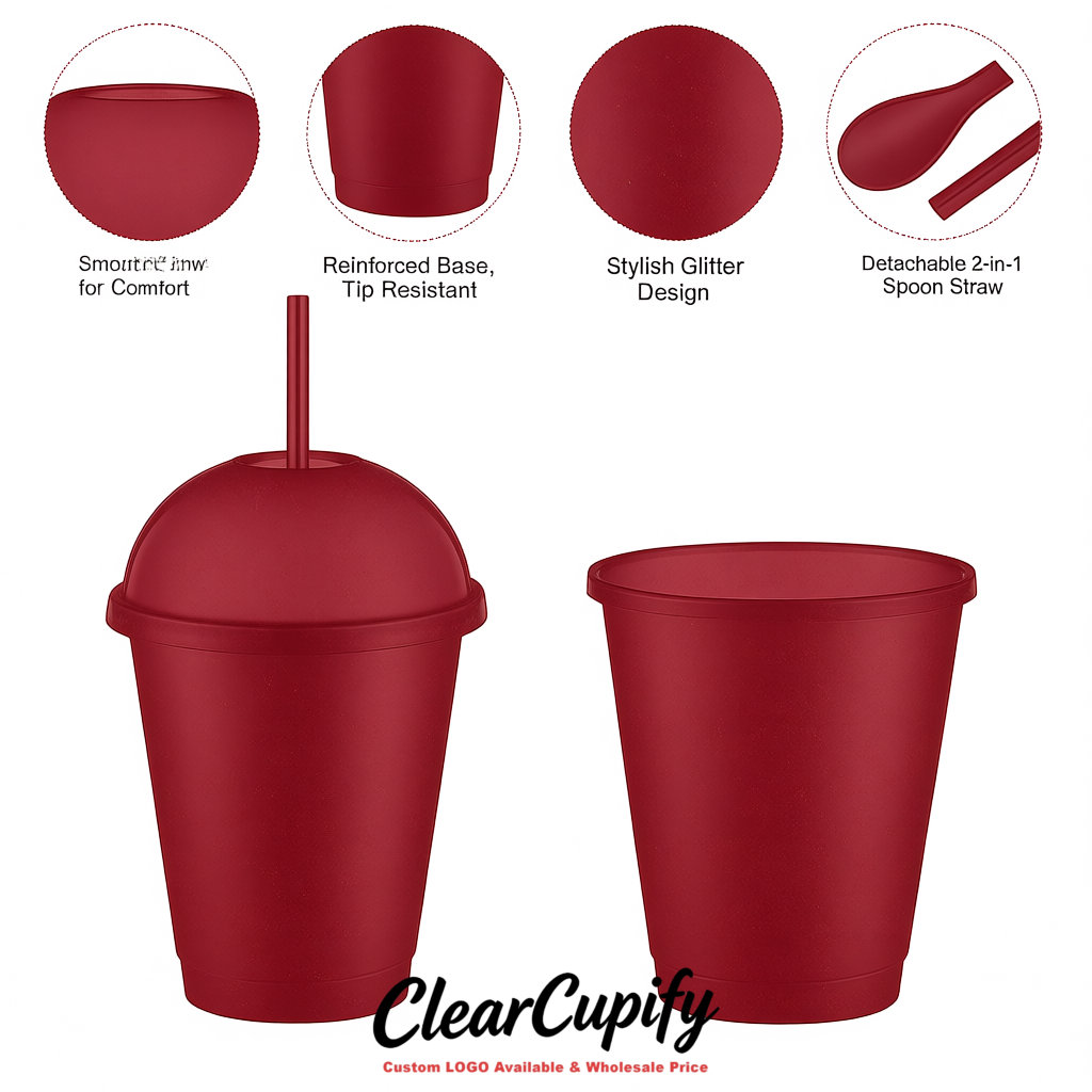 Crimson 16 oz Plastic Slushie Cups with Dome Lid & Detachable Spoon Straws for Milkshake, Boba, Smoothies, Iced Coffee Crimson 16 oz Plastic Slushie Cups with Dome Lid & Detachable Spoon Straws for Milkshake, Boba, Smoothies, Iced Coffee