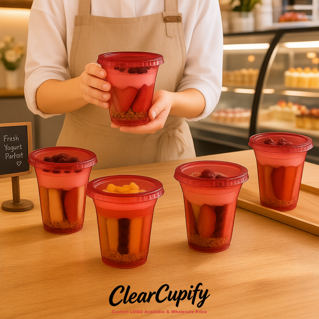 Crimson 12 oz Disposable Plastic Parfait Cups with Insert & Flat lids 3.85 x 2.1 x 4 inches Crimson 12 oz Disposable Plastic Parfait Cups with Insert & Flat lids 3.85 x 2.1 x 4 inches