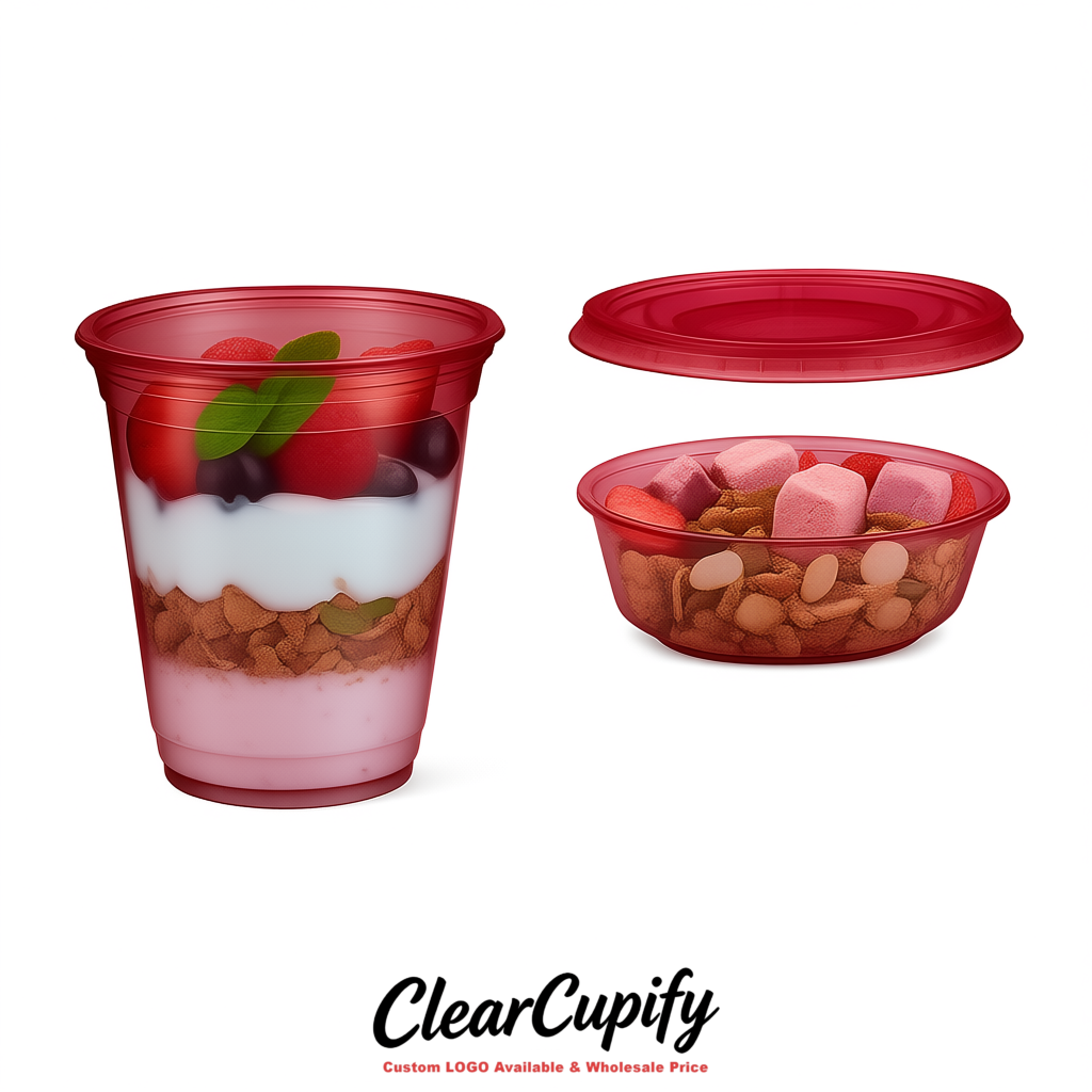 Crimson 12 oz Disposable Plastic Parfait Cups with Insert & Flat lids 3.85 x 2.1 x 4 inches