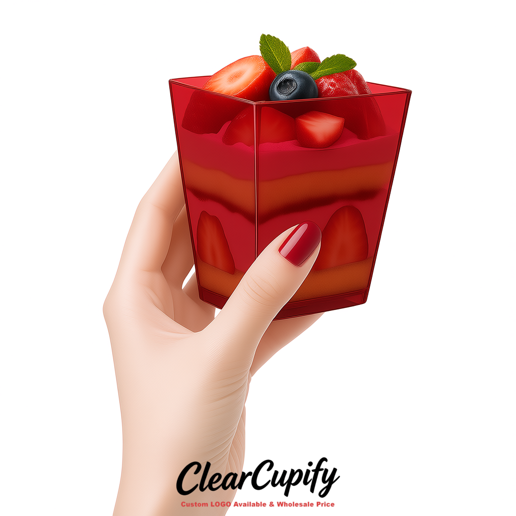 Wholesale Crimson 5 oz Square Clear Plastic Dessert Cups with Spoons for Appetizers, Puddings, Mousse, Parfait