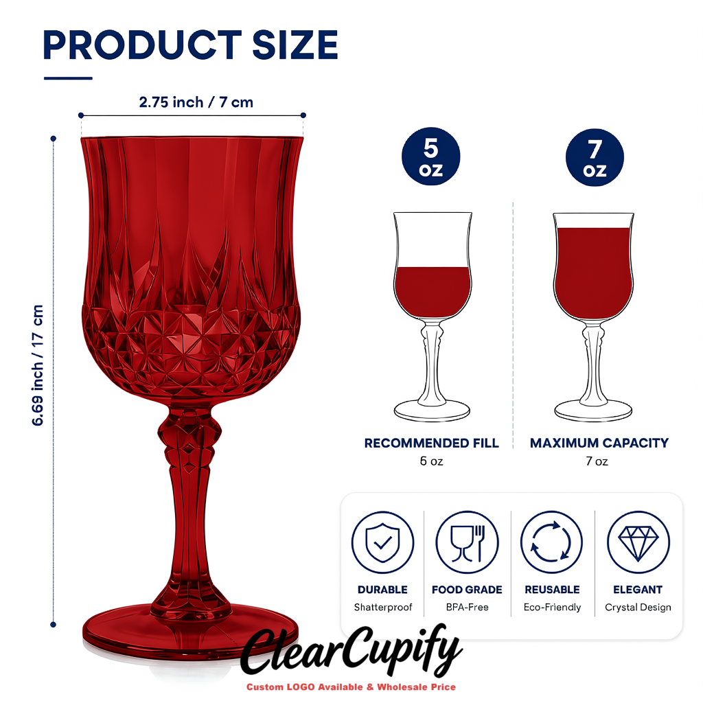 Crimson 7oz Acrylic Plastic Wine Goblets - 2.7 x 6.7 inches Party & Wedding Wine Glasses