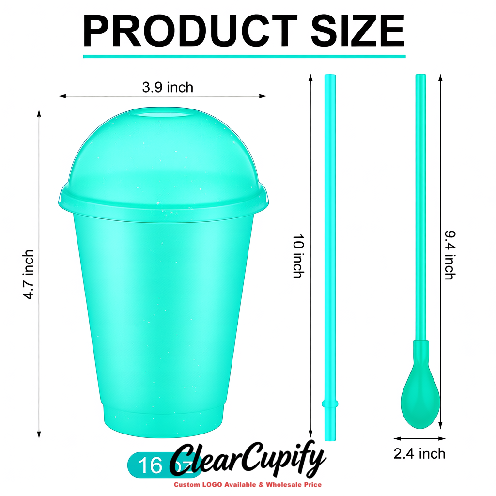 Cyan 16 oz Plastic Slushie Cups with Dome Lid & Detachable Spoon Straws for Milkshake, Boba, Smoothies, Iced Coffee