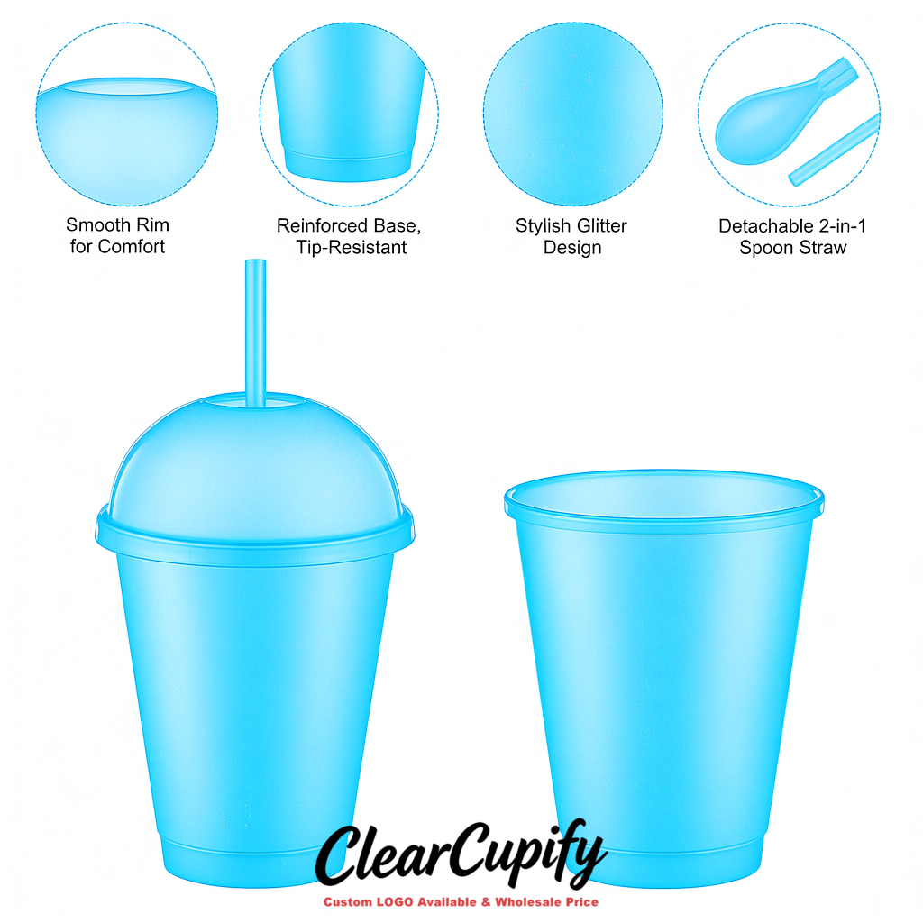 Cyan 16 oz Plastic Slushie Cups with Dome Lid & Detachable Spoon Straws for Milkshake, Boba, Smoothies, Iced Coffee