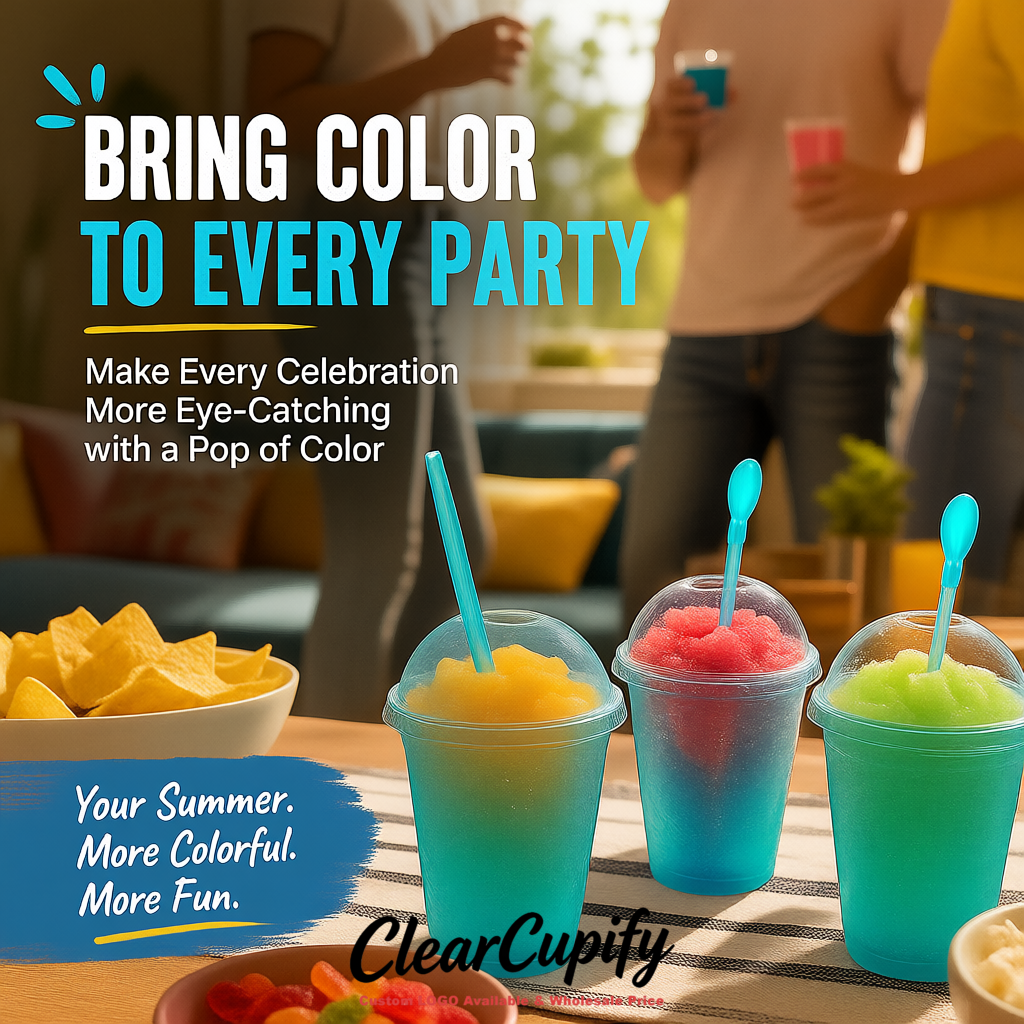 Cyan 16 oz Plastic Slushie Cups with Dome Lid & Detachable Spoon Straws for Milkshake, Boba, Smoothies, Iced Coffee